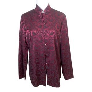 Vintage Size 12 Womens Jacquard Button-Up Jacket Burgundy Asian Mandarine Collar